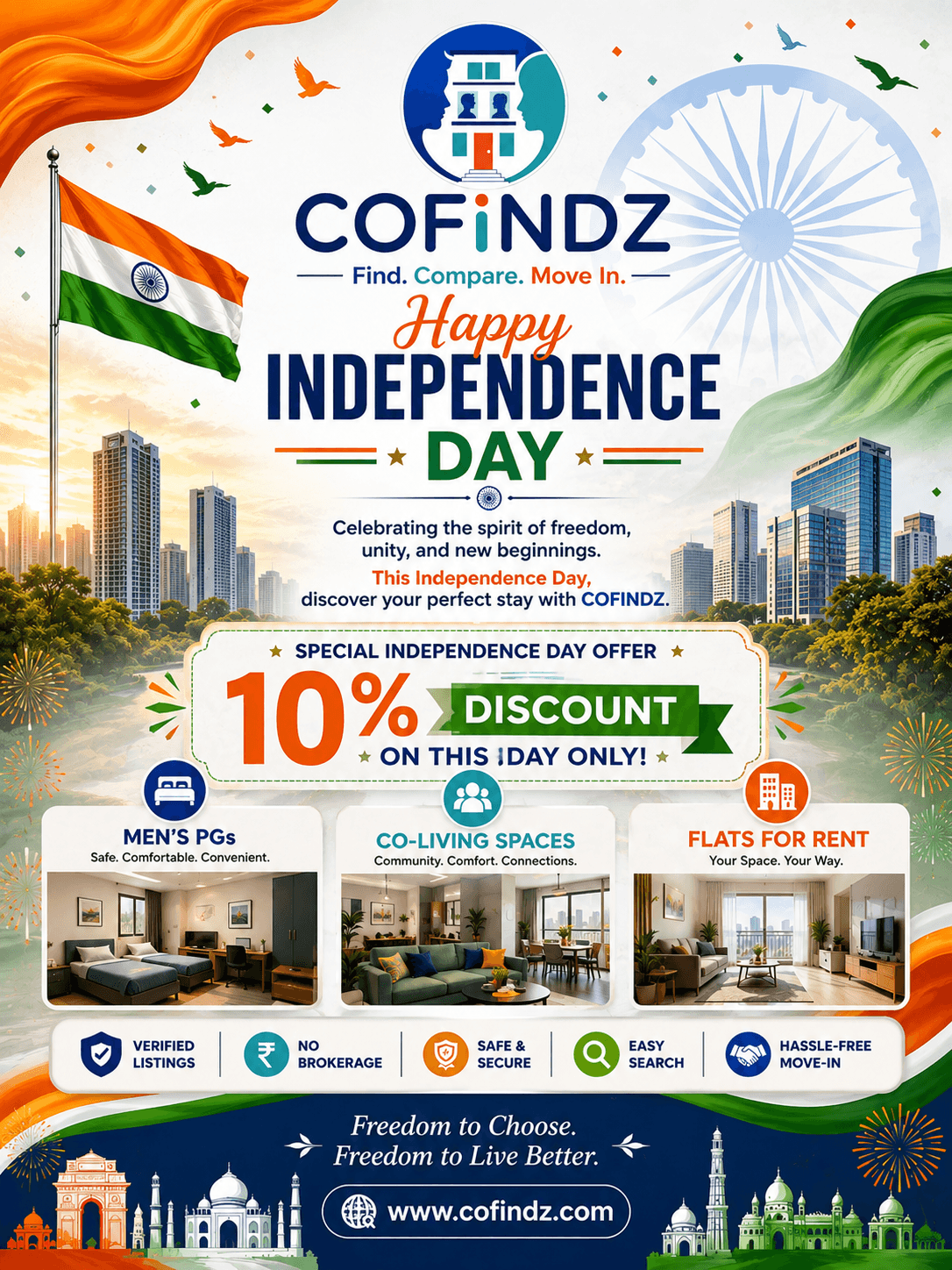 Happy Independence Day from CoFindz — 10% discount on booking fee, today only